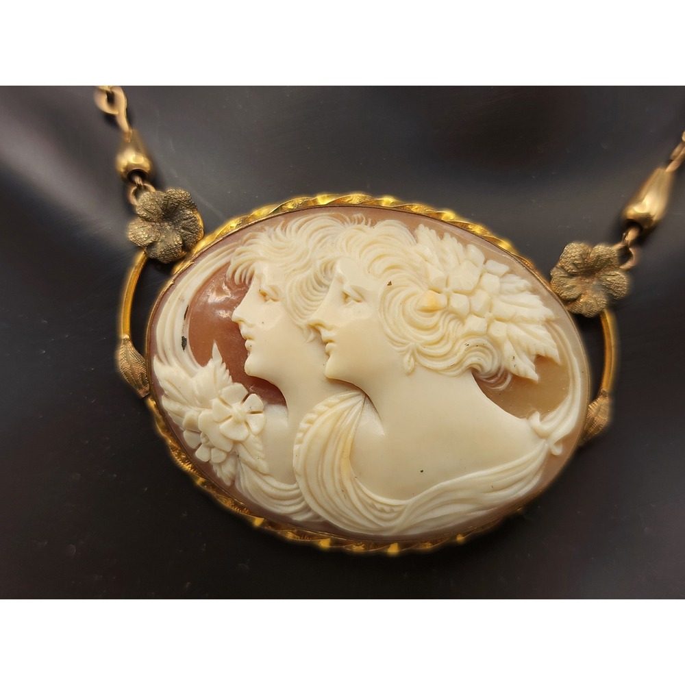 Antique Hand Carved Shell Cameo Necklace Gold Tone Double Profile Floral 17in